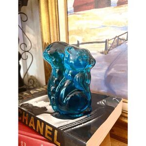 Vintage Viking Glass Bluenique Squirrel Paperweight Bookend UV Reactive